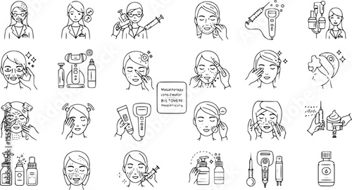 Mesotherapy icons set. Cosmetologists are performing facial treatments using needles, syringes, electric devices, creams, and other tools
