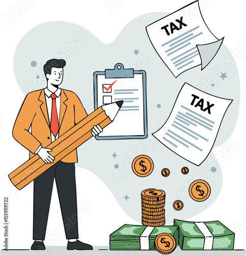 Businessman holding giant pencil filling tax forms with money coins and cash stack financial concept vector illustration