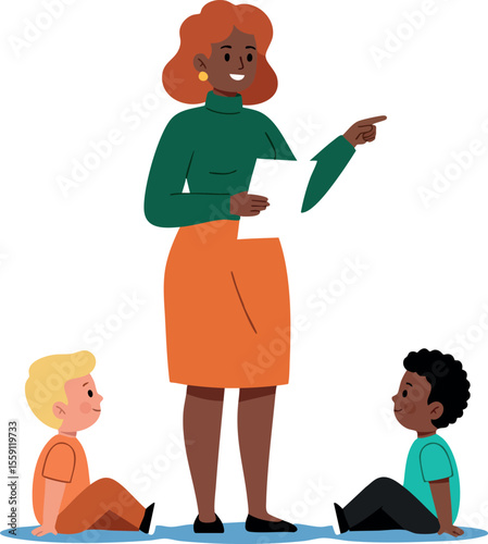 Teacher instructing two young children sitting on floor in classroom learning environment vector illustration