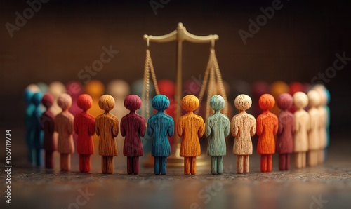Diverse people uniting around golden scales of justice for equality