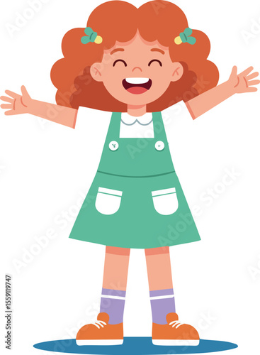 Happy red-haired little girl with green dress smiling and spreading arms in joyful pose vector illustration