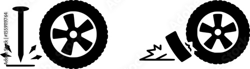Punctured wheel icons set. Flat tire icons set showing nail puncturing wheel and deflating car tire with pressure loss and simple glyph style
