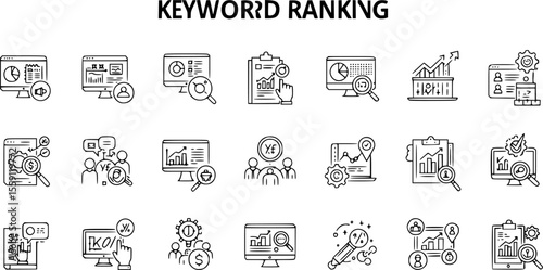 Keywords ranking icons set. Icons depicting website analysis, seo optimization, performance tracking, and achieving high search engine ranking
