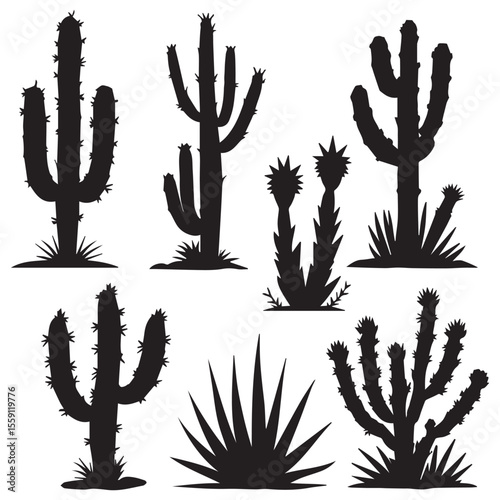 Collection of black silhouette desert cactus plants and succulents on white background