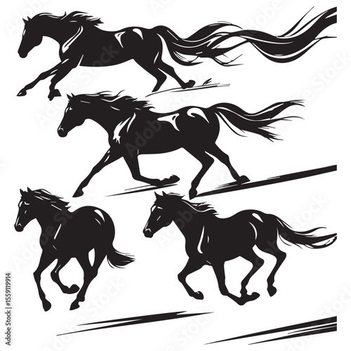 Dynamic black silhouettes of four horses running with flowing manes and tails on a white background