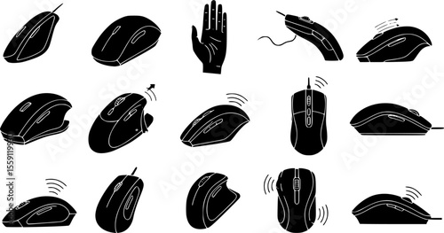 Vertical computer mouse icons set. Collection of ergonomic computer mice designed to support wrist health and prevent carpal tunnel syndrome, improving comfort and productivity for computer ...