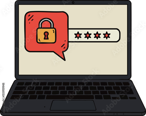 Laptop computer screen showing password protection with lock icon and security concept illustration