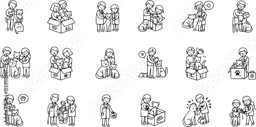 Homeless pet icons set. Veterinarians and volunteers holding, cuddling, and caring for various cats and dogs, some looking sad and abandoned in boxes
