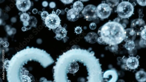 Animated CO2 molecule with floating spheres on a black background
