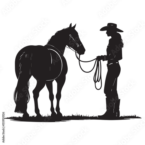 Silhouette of a cowgirl holding a horse by the reins on a grassy field