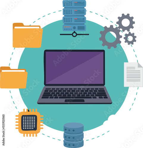 Laptop surrounded by data storage servers folders gears and microchip technology vector illustration in flat style
