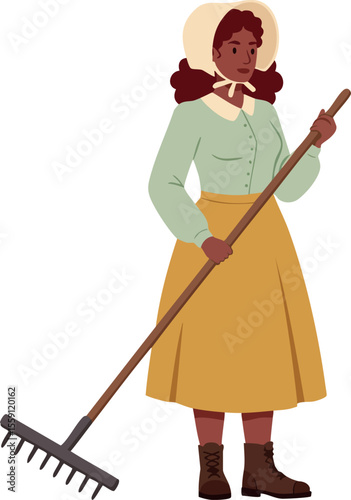 Woman wearing bonnet and yellow skirt holding rake gardening rural farm vector illustration