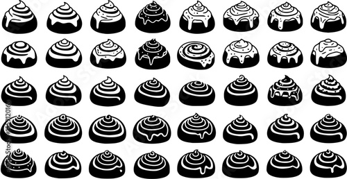 Cinnamon bun icons set. Cinnamon rolls are depicted in various shapes and presentations, showcasing swirls, icing, and different baking styles
