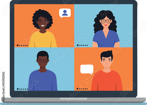 Remote video conference call with diverse people on laptop screen in flat style vector illustration
