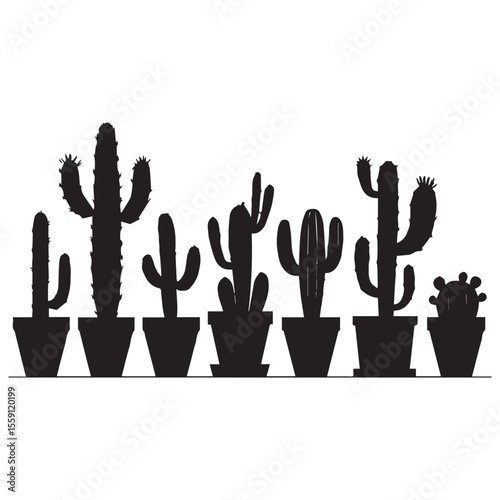 Diverse collection of black cactus silhouettes in pots arranged in a row on a white background