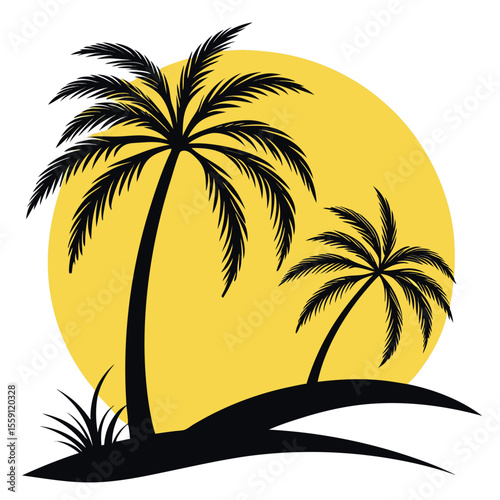 Tropical Island Sunset with Silhouette Palm Trees and Ocean Waves