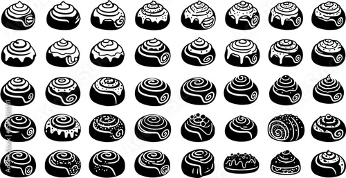 Cinnamon bun icons set. Cinnamon rolls are depicted in various shapes and presentations, showcasing swirls, icing, and different baking styles
