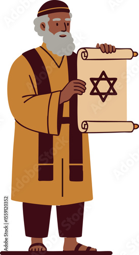 Jewish man holding Torah scroll with Star of David religious symbol vector illustration in traditional clothing