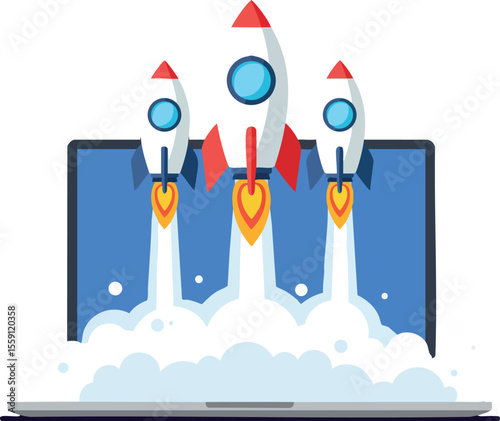 Rocket launch concept with three rockets blasting off from laptop screen for technology and innovation ideas development