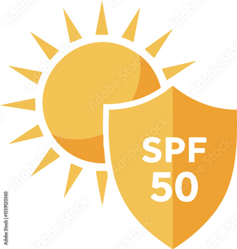 Sun protection SPF 50 shield icon with bright yellow sun vector design for skin care and sunscreen products