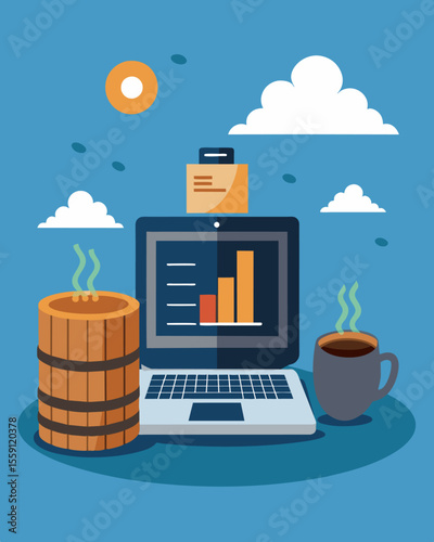 The loft was filled with the sweet fragrance of gs as a laptop sat perched on a weathered barrel its screen displaying rows of data and graphs.. Vector illustration