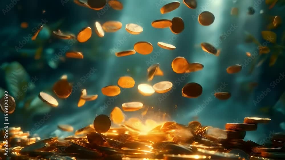 Golden Coins Falling in a Lush Environment with a Pile of Coins and Glowing Effect