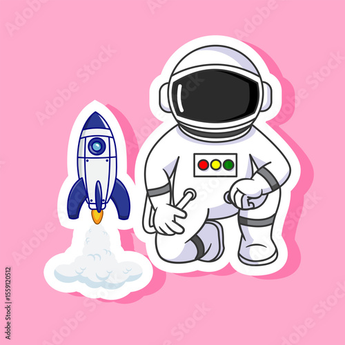 Sticker of Astronaut and Rocket Cartoon Vector 