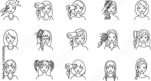 Girl dries hair icons set. Line icons depicting women using hair dryers, showcasing various hairstyles and hair drying techniques
