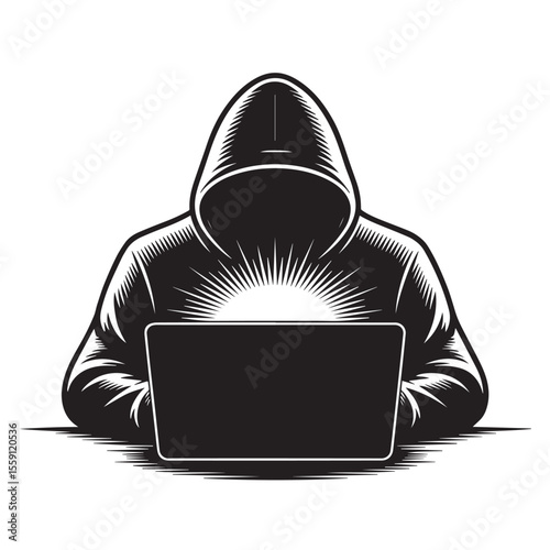 Vector illustration of an anonymous hacker in a hoodie using a laptop computer.