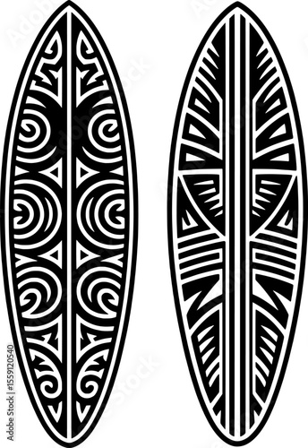 Bold black silhouette of a vertical surfboard with tribal linocut patterns in crisp vector style, ideal for summer, beach, surf, and minimalist graphic design themes

