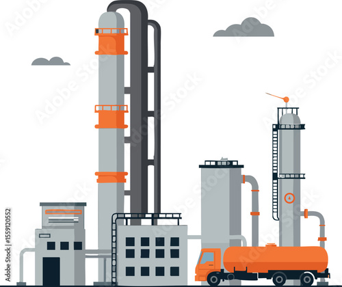 Industrial chemical plant with tanker truck delivering fuel and storage tanks in a clean vector design