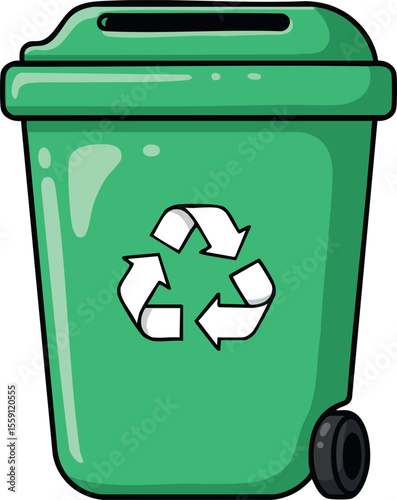 Green recycling bin with wheels and recycle symbol vector illustration for environmental awareness and waste management