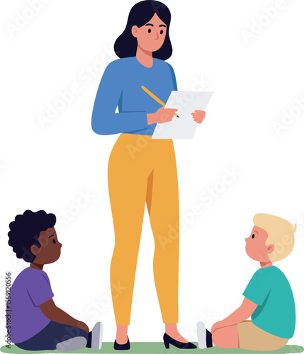 Teacher with children in classroom writing on paper teaching education concept vector illustration