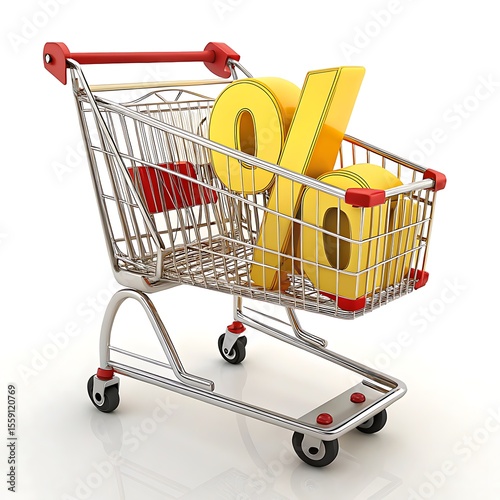 Golden percentage symbol inside a shiny metal shopping cart with red accents isolated on white background