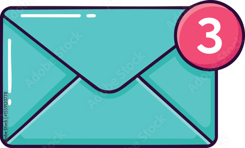 Blue envelope with notification badge showing three unread messages icon for messaging and communication vector illustration