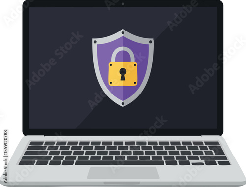 Laptop with security shield and locked padlock icon on screen symbolizing cybersecurity and data protection concepts vector illustration