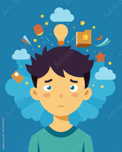The boys mind was a chaotic mess of negative thoughts blaming himself for everything that went wrong and feeling like he could never get anything right.. Vector illustration