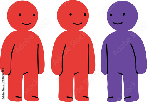 Three friendly simple human figures in red and purple colors standing together with smiling faces vector illustration