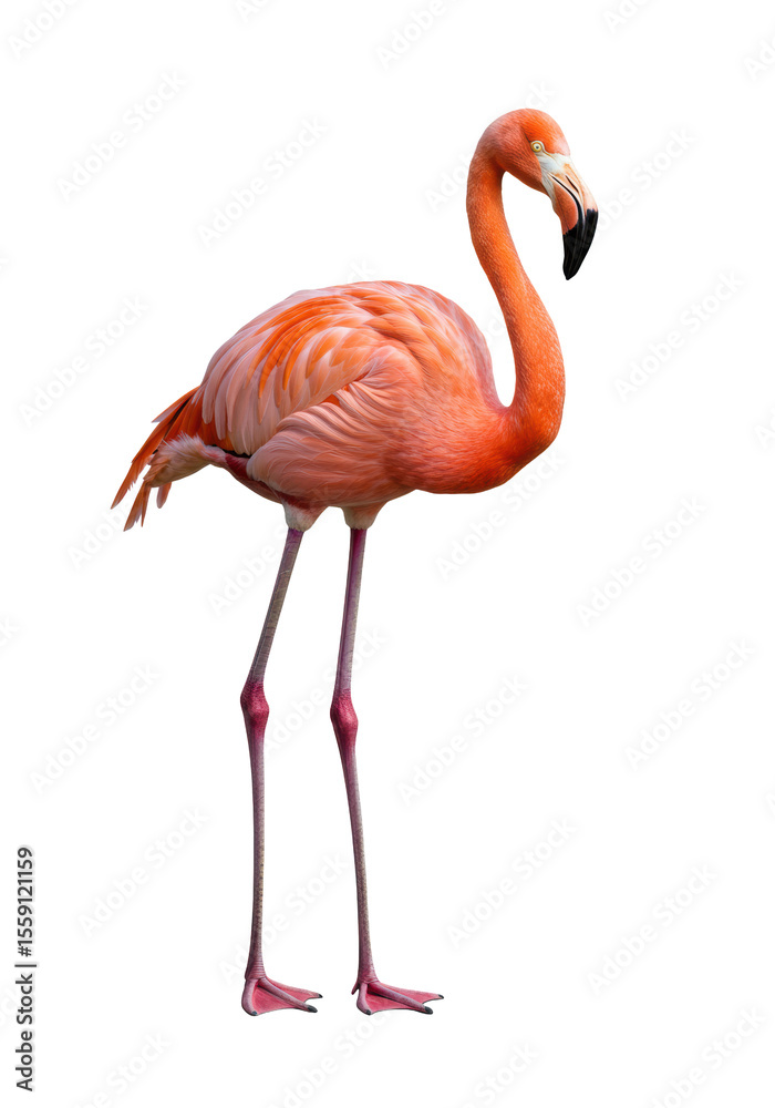 Fototapeta premium An American flamingo with vibrant pink-orange plumage, elegant neck, black-tipped beak, slender legs stands gracefully in 3/4 view against a transparent studio background with no shadows, pristine