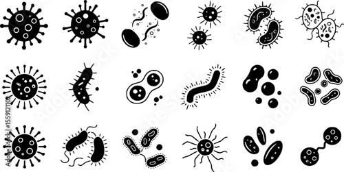 Immune system cells icons set. Set of simple black and white virus and bacteria icons showing different microorganisms causing diseases
