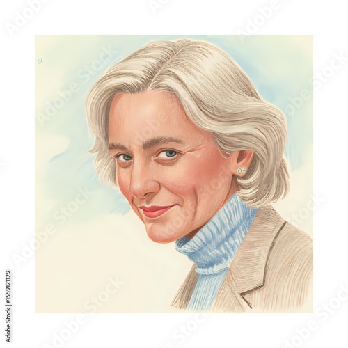 Portrait painting of a mature woman with gray hair wearing a turtleneck and blazer jacket