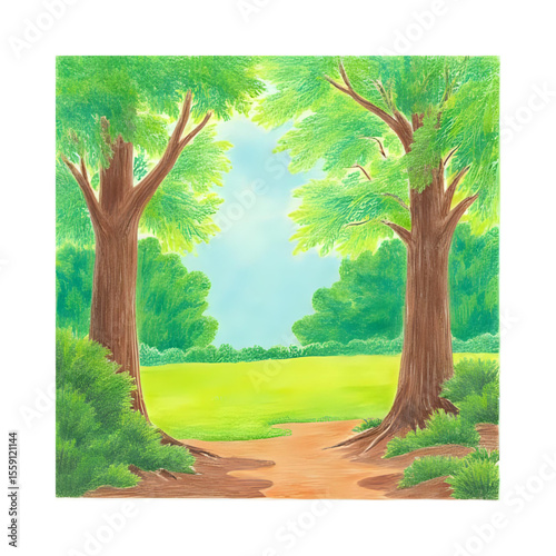 Explore scenic forest path drawing with lush trees and vibrant green foliage landscape artwork view
