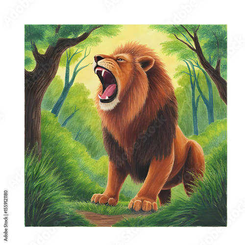 Roaring lion king of the jungle illustration in forest wildlife animal mammal feline art drawing