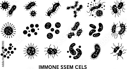Immune system cells icons set. Set of simple black and white virus and bacteria icons showing different microorganisms causing diseases
