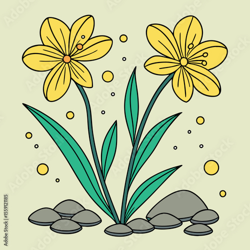 Delicate yellow wildflowers bloom surrounded by pebbles and small floating circles