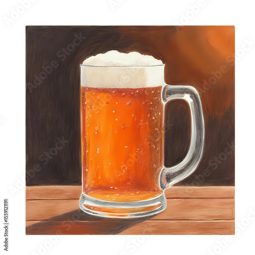 Still life painting of a beer mug with foam on a wooden table, perfect for pub or bar art
