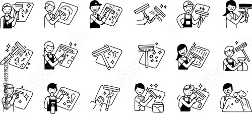 Scraper cleaning car icons set. Cleaning staff using window cleaning equipment, including scrapers, squeegees, and brushes, to wash windows efficiently
