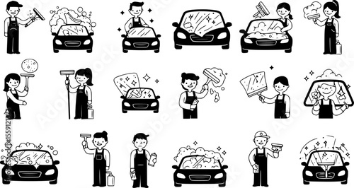 Scraper cleaning car icons set. Cleaning staff using window cleaning equipment, including scrapers, squeegees, and brushes, to wash windows efficiently