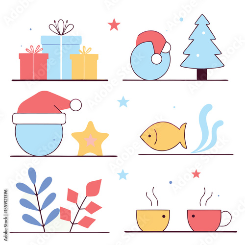 Festive christmas icons and winter themed illustrations