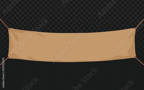Blank, realistic brown fabric banner hanging with ropes on a transparent background, perfect for advertising mockups, announcements, or custom text displays.